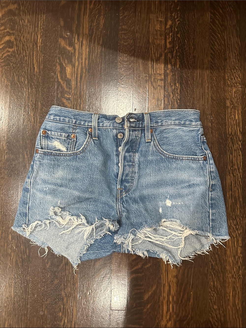 High-Rise Distressed Levi Denim Shorts - Dark Blue